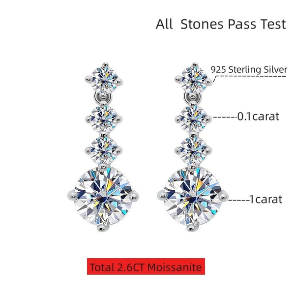 VOPU S925 Silver Moissanite Drop Earrings For Women 2.6 Carat D Color VVS1 Moissanite Diamond